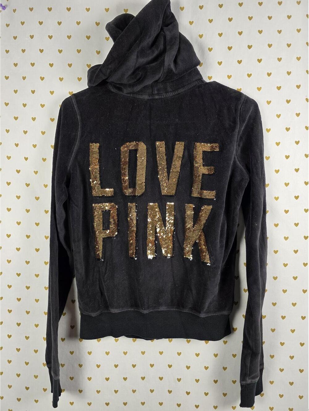 Victorias Secret Pink VINTAGE y2k Black BLING Velour Hoodie Gold Black SMALL